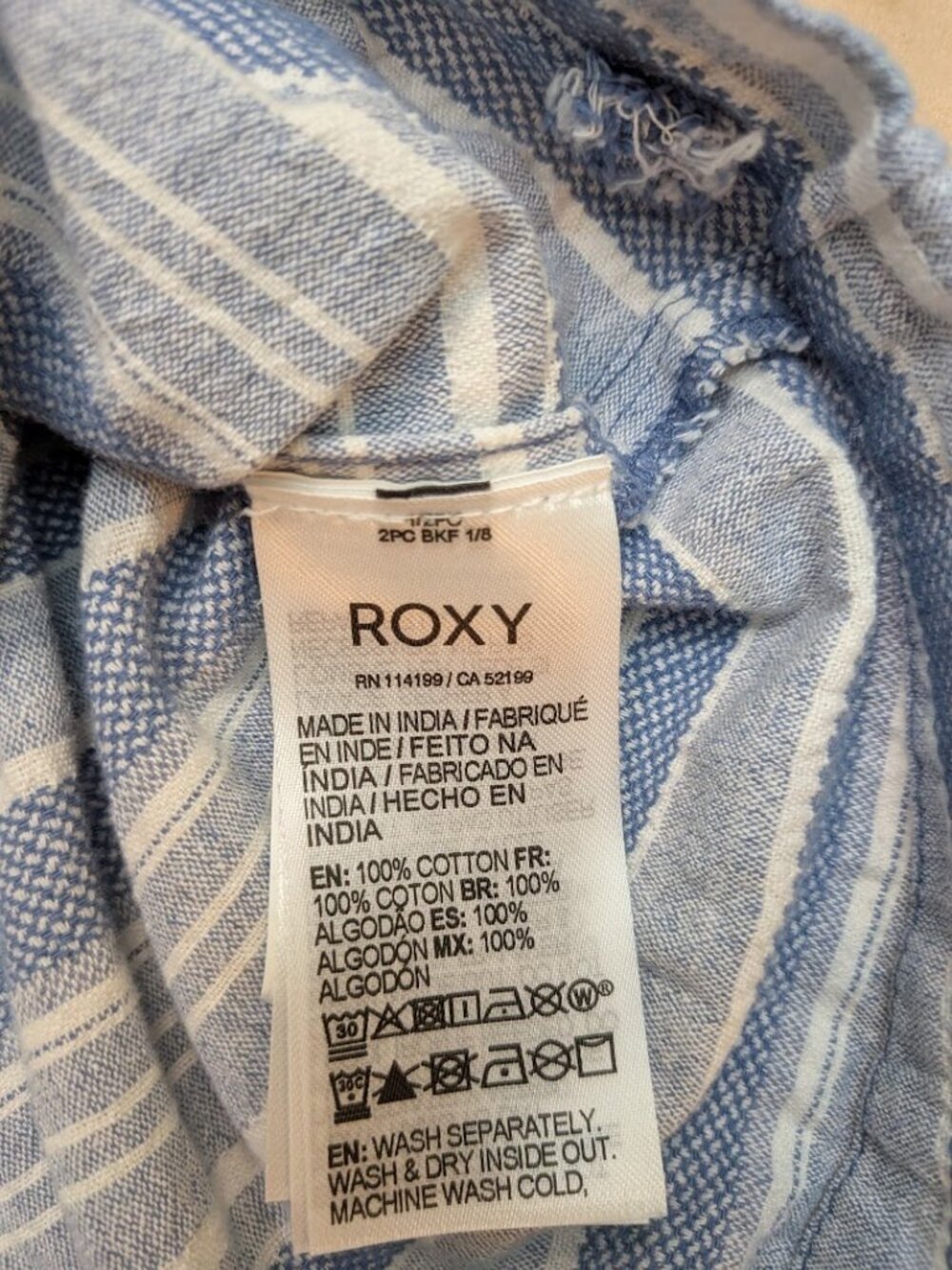 Roxy Blue White Striped Hooded Baja Pullover Hoodie Women's Medium 100% Cotton - Picture 9 of 12
